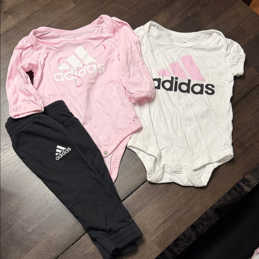 Adidas Baby Girl Bodysuit Set - Pink, White, and Black